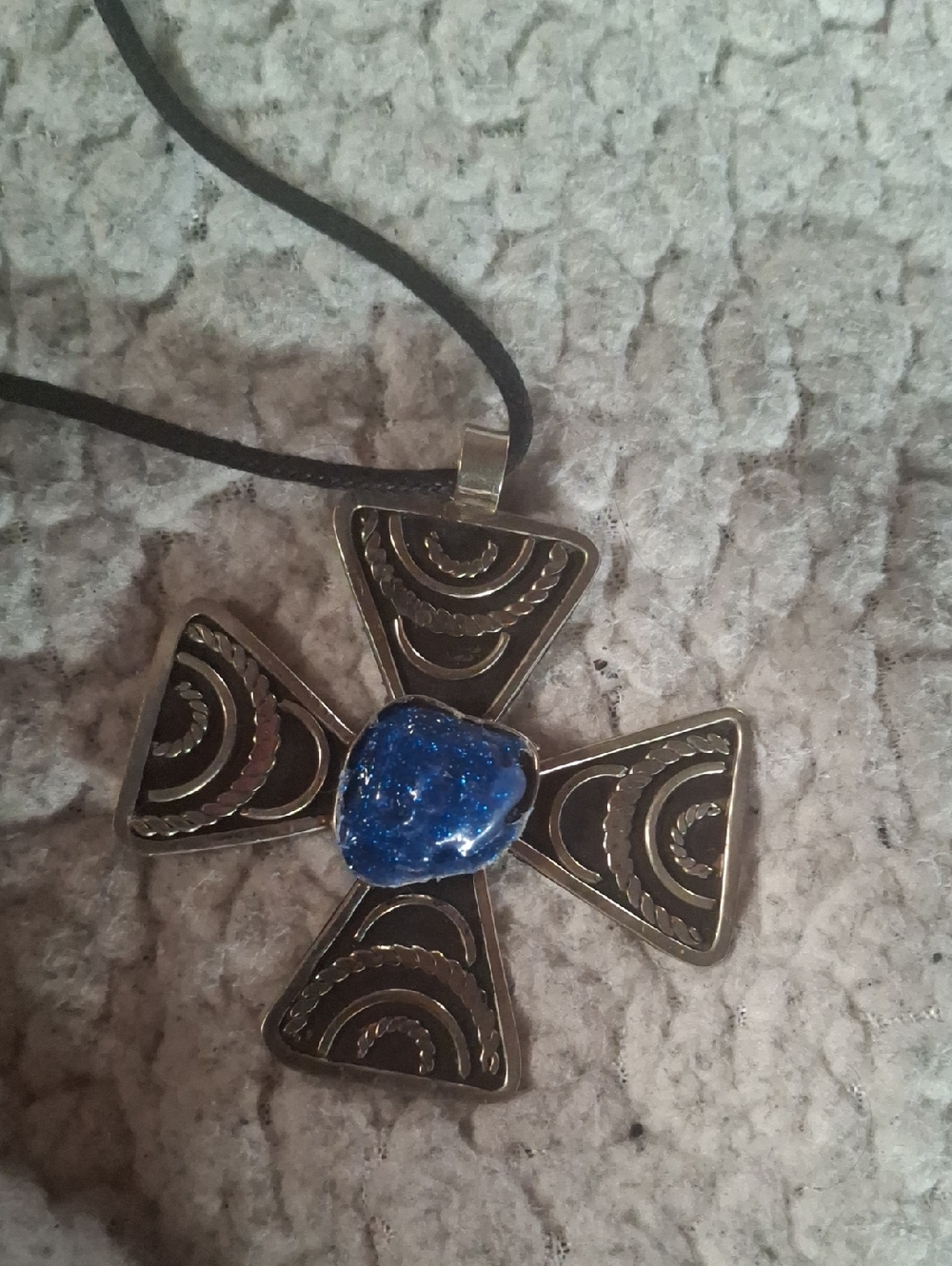 Silver Toned Cross Necklace with Deep Blue Resin Center